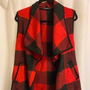 Yacun sleeveless cardigan , size medium, red and black flannel style.